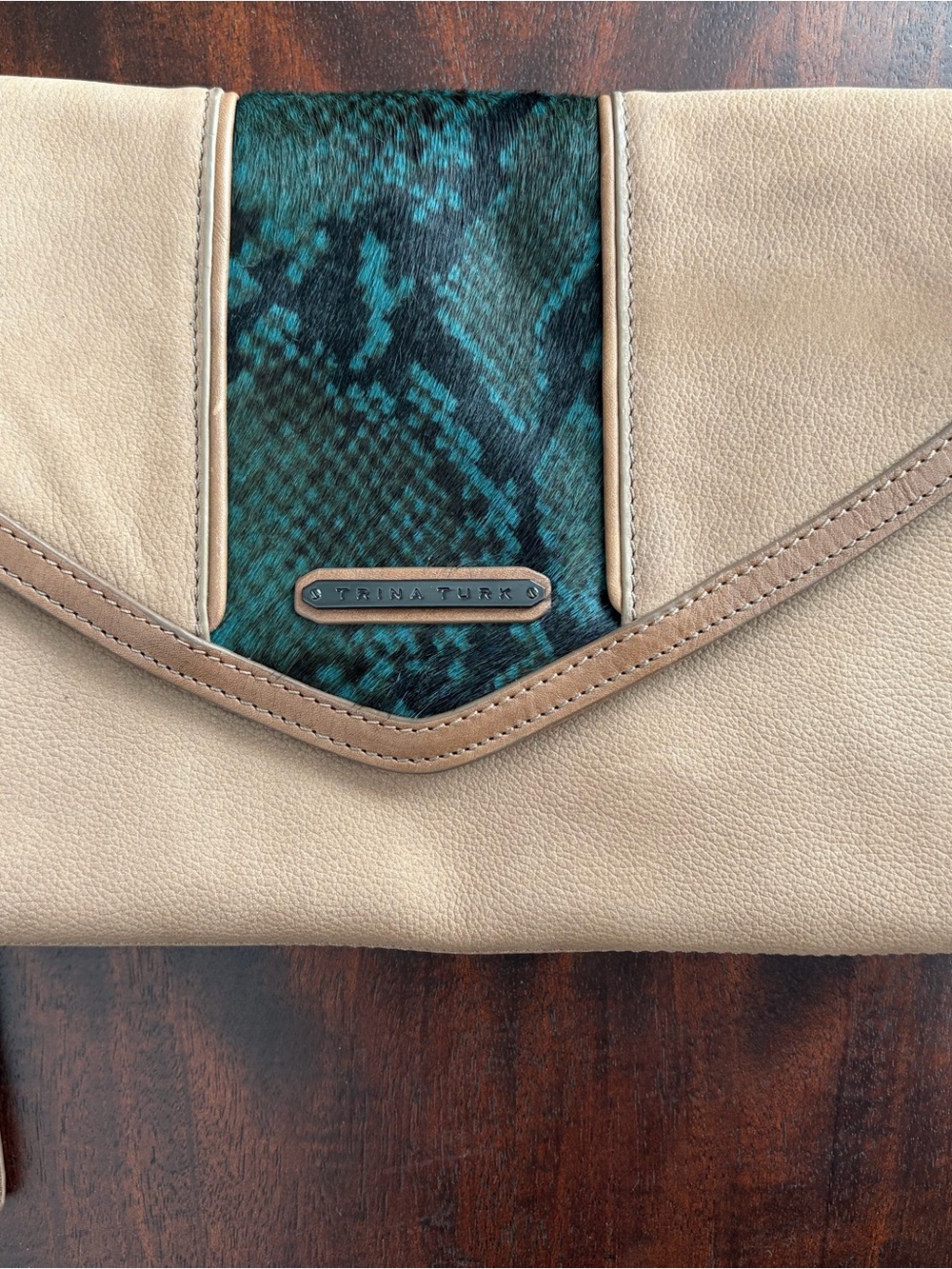 Trina Turk Beige Clutch with Teal Snake-Print Accent - Picture 5 of 5